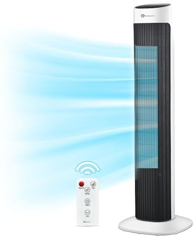 PureMate 32-inch Tower Fan with Oscillating, 7.5-Hour Timer, 3 Adjustable Speeds, Ultra-Quiet Cooling, Remote Control, Portable Bladeless Energy-Efficient and Powerful Electric Fan for Home & Office