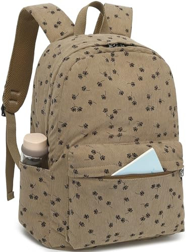 Schulrucksack für Teenager, groß, aus Kord, Büchertasche, leicht, für Mädchen und Jungen, leger, 17 Zoll (43,2 cm), Laptop-Reisetasche, Schwarz, floral, Medium, Tagesrucksäcke