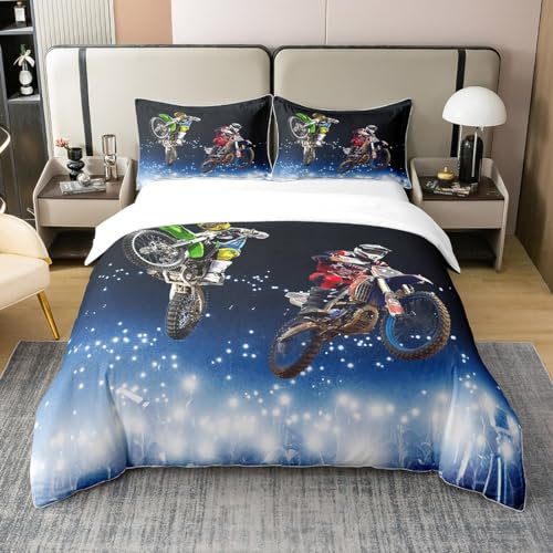Loussiesd Motocross Fahrer Bettwäsche Set 155x220cm 100% Baumwolle für Kinder Jungen Extremsport Thema Betten Set Motorrad Wettkampfspiele Bettbezug Set Dirt Bike Motorrad 2St