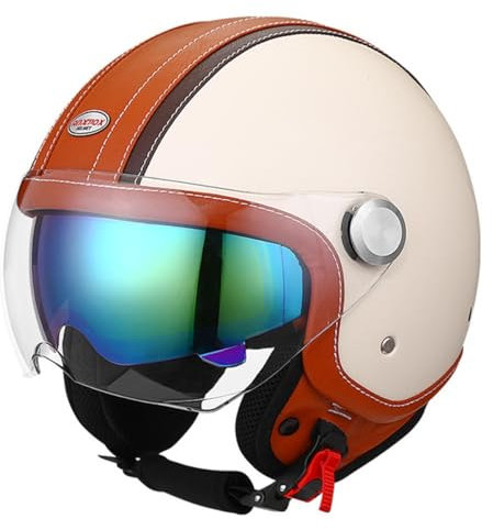 Retro-Motorrad-Jet-Helm Mit Visier Für Erwachsene Frauen Und Männer Vintage Half Face Motorradhelme ECE-Zugelassener Scooter-Helm Roller-Helm 3,XL=61~62cm