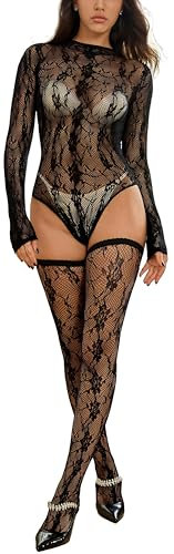 Bommi Fairy Women's Sexy Fishnet Lingerie Sets Backless Bodysuit Top With Thigh-high Stockings Clubwear Baby Dolls Cute Nightwear (Black, One Size)