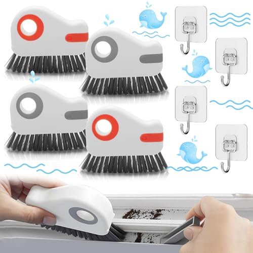 4pcs 2 in 1 Window Groove Cleaning Brush,New Multifunction Hard Bristle Crevice Cleaning Brush,Window Track Cleaning Tools with Hidden Scraper,Grout Cleaner Grip Brush for Sliding Door Track