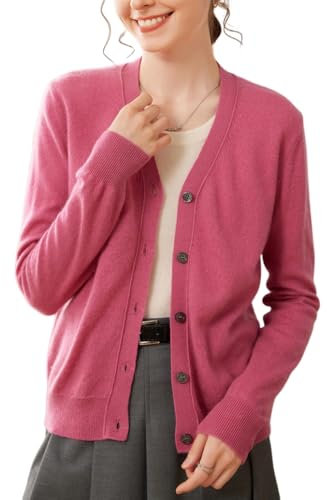 DISSA Cardigan Cachemire Femme Rose Col V Boutons Tricoté en Vrac Manches Longues Fin Pull en Cachemire et Laine,EU 42,SPR2444