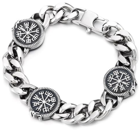 COOLSTEELANDBEYOND Herren Edelstahl Wikinger Futhark-Runen Armband mit Schwere Kubanische Gliederkette Panzerkette, Nordisch Mode