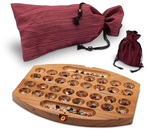 LOGOPLAY Bao Spiel Gr. S 30cm sehr kleines Reisespiel für 2 Spieler mit Stoffbeutel - oval - Hus - Kalaha - mit Edelsteinen
