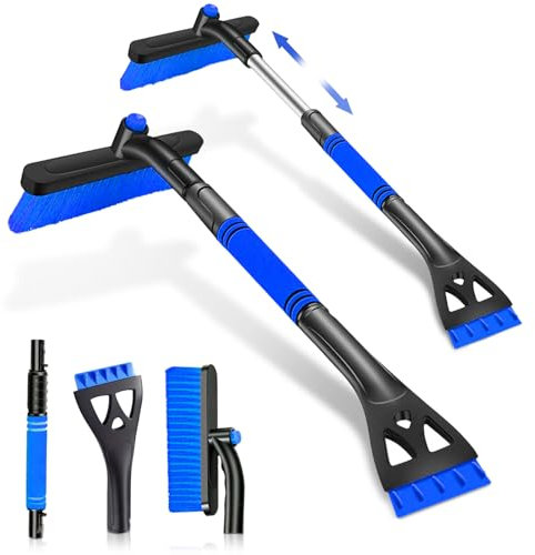 Eiskratzer Auto mit Besen, 2 in 1 Auto Eiskratzer und Reinigungsbürste, Multifunktions Schneebürste mit 360° Drehbarem Bürstenkopf & Schaumstoffgriff, 80cm Lange Schneeschaufel für PKW, LKW ,SUV(Blau)