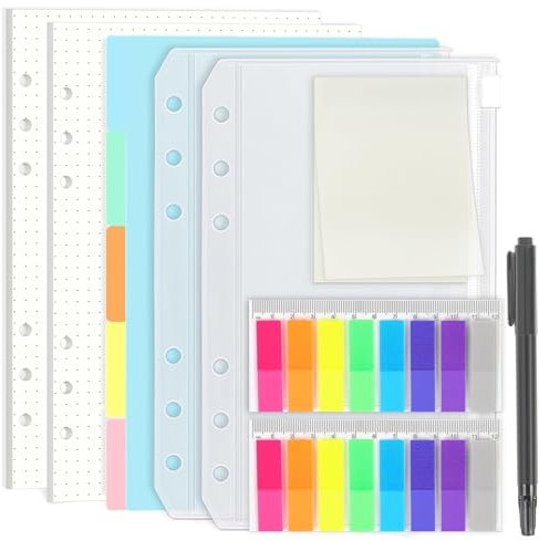 SKYDUE Ringbuch A5 Nachfüllbar Set – Inklusive 90 Blatt A5 Papier Gepunktet Nachfüllpapier (180 Seiten), 5 Trennblätter A5 Aus PP, Bunte Haftnotizen & 2 A5 Umschläge