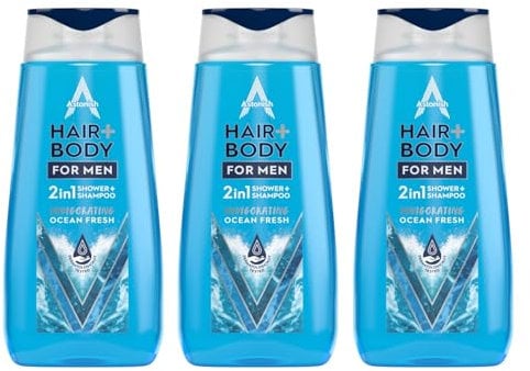 Astonish Invigorating 2 in 1 Shower + Shampoo for Men, Cleanse and Nourish, Ocean Fresh, 3 x 400ml