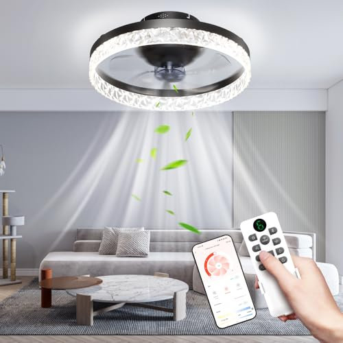 Ovshnrr LED Ceiling Fans with Lights and Remote, 50cm Dimmable 3 Colour 6 Speeds Reversible Fan Light Quiet Modern Small Ceiling Fan Lights Ceiling for Bedroom Living Room Remote & APP Control