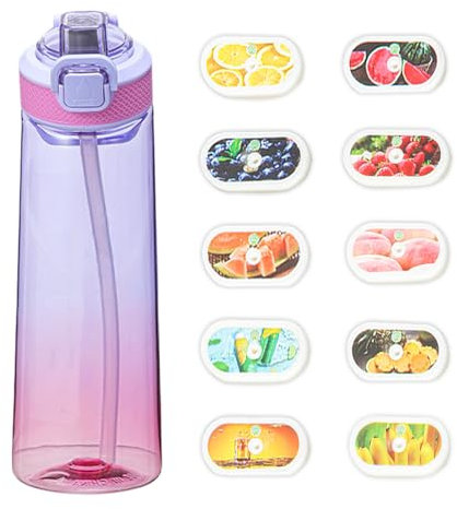 Air Water Bottle with Flavour Pods, 700ml BPA Free Drinking Bottles with 10 Random Flavour Pods Scented 0 Sugar Calorie, Water Cup with Straw for Gym School Outdoor (Pink Purple)