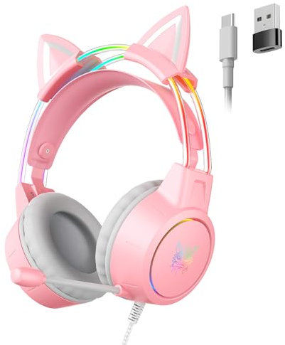 ONITOON PC Gaming Headset with Microphone, Pink Cat Ear Headphones, Rainbow RGB Light, Surround Sound, Compatible with Computer/Laptop/PS4/Phone,Wired USB Over Ear Headphones for Girls Women