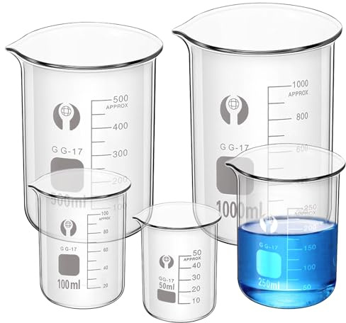 WANDGU 5er-Pack Glas Messbecher Set: WANDGU 50ml 100ml 250ml 500ml 1000ml Glas Becherglas, Abgestufter Messbecher für Labore, Klassenzimmer, Küche