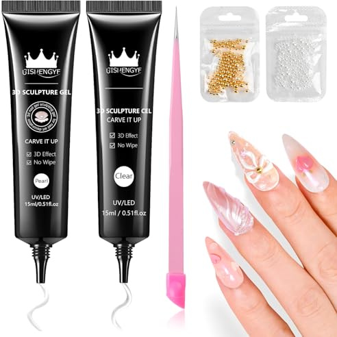 BISHENGYF Clear 3D Nail Gel,2Pcs 15g Pearl/Clear Nail 3d Gel No Wipe Craving 5D Embossed 3D Ge l for Nails for Carving,Molding and Painting Nai l Art Designs,Rhinestone Glue for Decoration