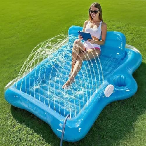 Matelas Gonflable Piscine Adultes 183×155×21cm, Conception à Jet d'eau, Piscine de Bronzage Gonflable avec Oreiller Amovible pour Piscine Fêtes de Plage, Bleu