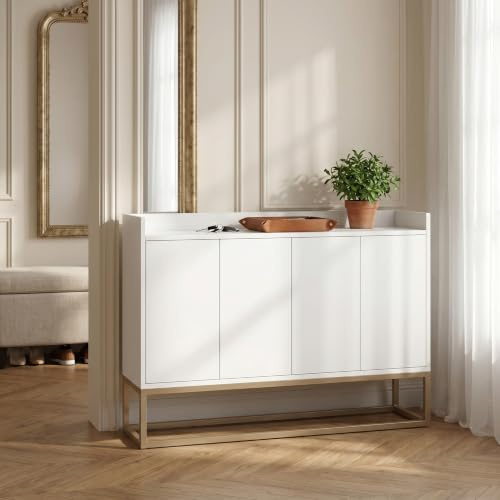 Lietre Sideboard Wohnzimmer 120cm Breit Kommode Weiß mit 4 türen, Küchenschrank Buffetschrank mit Verstellbares Ablage und Arbeitsplatten für Schlafzimmer Wohnzimmer (Weiß)