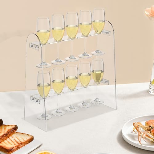 2 Tier Champagne Tower Acrylic Champagne Flute Holder with 10 Slots Detachable Tabletop Wine Glass Stemware Rack for Wedding Party Kitchen Bar
