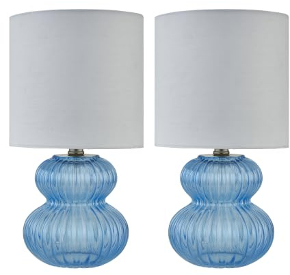 Walter - Set of 2 Blue Ribbed Glass 29cm Table Lamps with White Shade