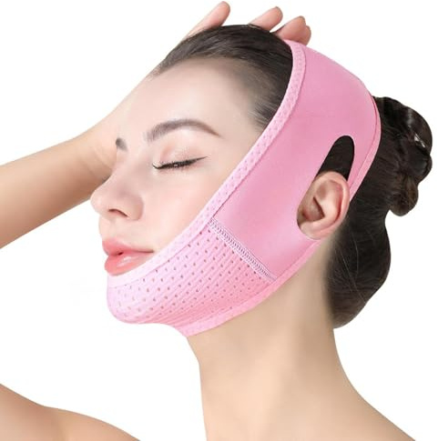 Raheem V-Line Gesichtsmaske Pink Doppelkinn-Bandage Entferner | Wiederverwendbare, für Gesichtsstraffung & Jawline Definition, Atmungsaktive Face Lifting Maske für Straffe Haut