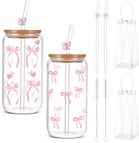 2Pcs Bow Glass Cups, 16 oz Aesthetic Bow Cup with Lid Straw and Gift Bag | Iced Coffee Cup, Glass Tumbler Mug, Aesthetic Cups for Girl Women Drinking Coffee Tea Cocktail