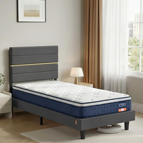 VASAGLE Einzelmatratze mit Bettgestell, 90 x 200 x 20 cm, Gel-Memory-Schaum, mittelfest, 7-Zonen-Unterstützung, verstellbares gepolstertes Kopfteil, blau und schiefergrau RMB502GN01-01