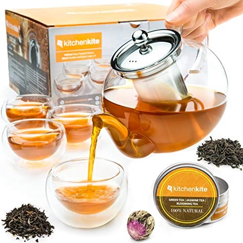 Kitchen Kite Glass Teapot Set with 4 Double Wall Teacups & Removable Stainless Steel Infuser - Microwave & Dishwasher Safe - Clear Teapot with Blooming & Loose Leaf Teas, Gift Set