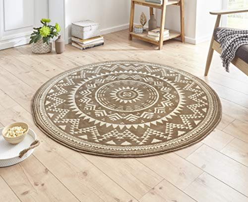 Hanse Home Teppich Valencia Rund – Mandala Teppich Kurzflor Modern Vintage Teppiche für Esszimmer, Wohnzimmer, Kinderzimmer, Flur, Schlafzimmer, Küche – Braun Creme ø140cm