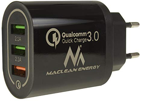 Maclean MCE479 QC 3.0 Cargador USB Universal 3xUSB Adaptador de Carga Fuente de Alimentación Adaptador 1x Carga Rápida 3.6-6V / 3A 6-9V / 2A 9-12V / 1.5 2X 5V / 2.1A (Negro)