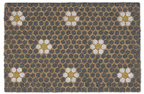 Relaxdays Fußmatte Kokos, Waben-Muster mit Blumen-Motiv, Türvorleger innen & außen, Kokosmatte 40x60, Fußabtreter, natur