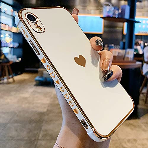 L-FADNUT Kompatibel mit iPhone XR Herzform Hülle, Mädchen süßes Galvanisieren Kameraschutz Handyhülle Weiches Silikon Schutzhülle für iPhone XR, Weiß