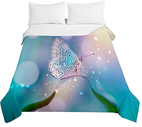 Surwin Tagesdecke Bettüberwurf Steppdecke für Doppelbett Einzelbett, Mikrofaser Wattiert Gesteppt Bettdecke 3D Schmetterling Dünne Tagesdecken mit Ultraschall Prägung (Cyan glänzend,150x200cm)