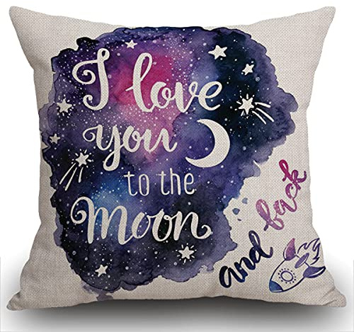 Smooffly Kissenbezug aus Baumwollleinen, dekorativer Kissenbezug für Sofa, Couch, Aquarell, I Love You To The Moon And Back, Liebhaber, Geschenk, Dekoration, Valentinstag-Dekoration, Galaxie-Stern