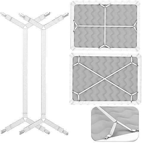 FeelAtHome Criss-Cross Bed Sheet Holders, 2 PCS White, Mattress Straps | Keep Fitted Sheets Tightly in Place. Heavy Duty Criss Cross Elastic Mattress Suspenders with Strong Clamps. Fits All Beds
