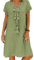 Sommerkleid Damen Leinen Kleider Casual V-Ausschnitt Midikleid Kurzarm A-Linie Kleid Strandkleid Ohne Zubehör (A Grün, S)