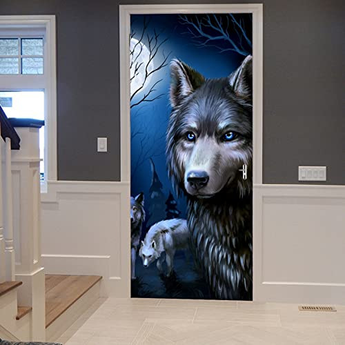 A.Monamour Türtapete Selbstklebend Türfolie Türposter 3D Aquarell Wolf Mit Vollmond Vinyl Folie Türdeko Tapete Wandbild Türaufkleber Türtattoo 83x204cm