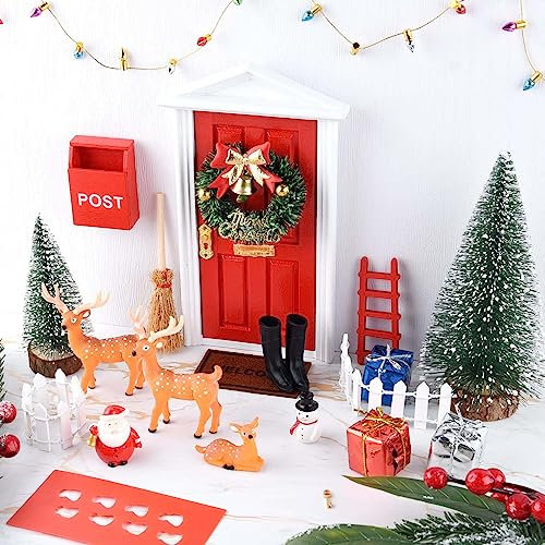 PLULON 26St Weihnachtselfe Zubehör Rote Feentür Mini-Weihnachtsbäume Weihnachtsmann-Schneemann-Hirsch-Baum-Kranz Verzierungen im Freien Weihnachtselfen-Mädchen-Dekorationen Feenmodell aus Holz