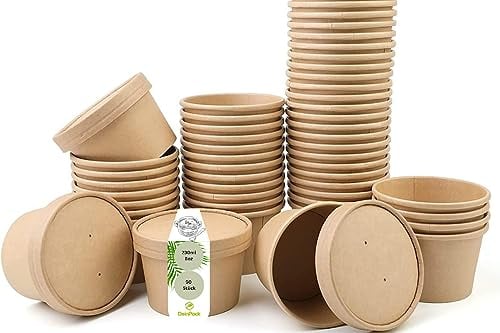 DeinPack 50 Suppenbecher to go mit Deckel braun 230 ml 8oz I Becher mit PLA Innenbeschichtung Suppen-Becher to Go Pappe I 50 Einweg-Becher mit Deckel | Eisbecher mit Deckel | biologisch abbaubar