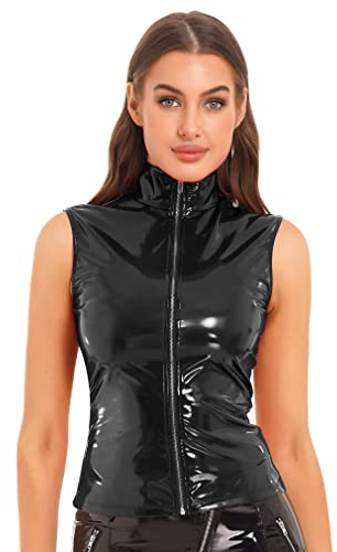 FEESHOW Damen Wetlook Oberteil Sexy Glanz Lack-Lederlook Crop Top Tank Shirt mit vorne Reißverschluss Party Clubwear Tops Schwarz M