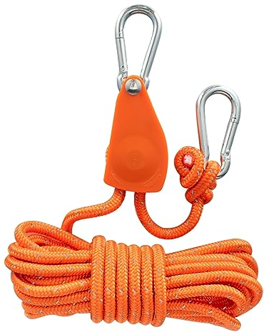 KCNOFNC Flaschenzug mit Seilspanner Abspannseil, 5m Seil, Umlenkrolle, Zeltspanner, Seilbremse, für Camping, Sonnensegel, Zelt, Orange, Polyester Nylon