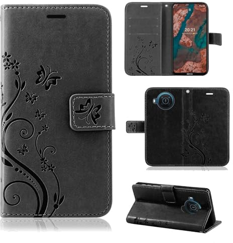 betterfon Hülle Kompatibel mit Nokia X10 / X20 | Premium PU Leder Handyhülle Wallet Case für X10 / X20 | Schutzhülle Blumen Klapphülle Handyhülle | Schwarz