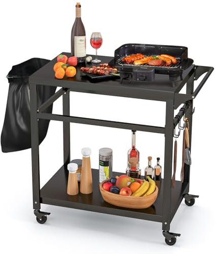 COSTWAY Chariot de Barbecue d'Extérieur à Double Étagères, Desserte de Jardin avec 4 Roues Verrouillables Crochets et Poignée Latérale, Table de Four à Pizza Mobile 108 x 50,5 x 88 cm