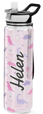 Mnsruu Personalised Cute Pink Dinosaurs Water Bottle 1L with Straw, Customised Names Leakproof BPA Free Tritan Drink Bottle, Sport Water Bottle