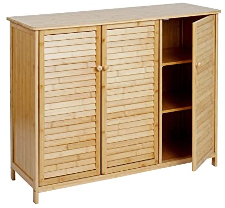 Mendler Badezimmerschrank HWC-B18AM, Badschrank Regal Badregal Kommode, 3 Türen Bambus 81x97x34cm