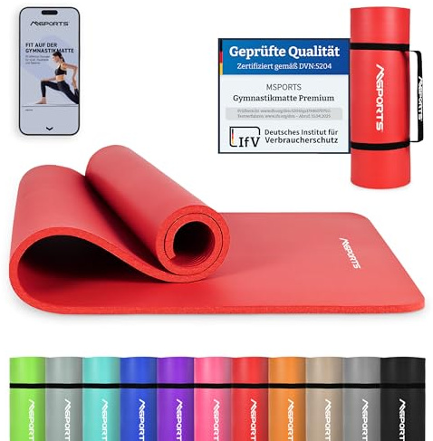 MSPORTS Gymnastikmatte Premium – rutschfeste Fitness- & Yogamatte | Hautfreundlich - inkl. Tragegurt, Übungsposter & Workout-App - 190 x 60 x 1,0 cm - Rubinrot