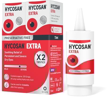 Hycosan Extra - Twin Pack - Eye Drops with Hyaluronic Acid for Soothing Relief of Severe and Persistent Dry Eyes - Contact Lens Compatible - Preservative Free - 2 x 225 Measured Doses