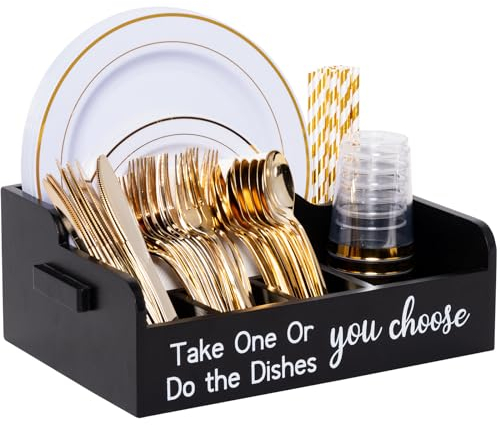 Karisky Paper Plate Dispenser for Countertop, Solid Wood Silverware Utensil Caddy Holder for Party, 6 Compartments Cutlery Flatware Organizer for Cups Plates Spoons Forks Napkins, Black