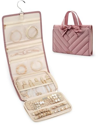 bagsmart Travel Jewellery Organiser Roll Lightweight Foldable Portable Jewelry Case for Journey-Rings, Necklaces, Bracelets, Earrings (Dark Pink)