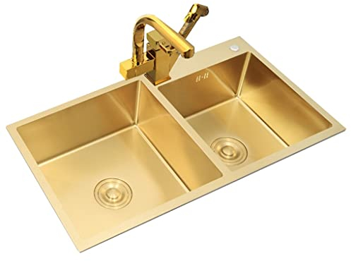 Einzelbecken-Edelstahlspüle mit Siphon, handgefertigte Doppelbecken-Küchenspüle mit Sieb und Wasserhahn für Unterbau- und Unterputz-Installation (Farbe: Gold, Größe: 80 x 45 cm)