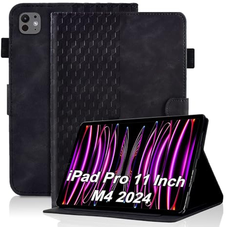 Custodia per iPad Pro da 11 pollici, M4 (2024), custodia in pelle di alta qualità, con scomparto per carte di credito, supporto multi-angolo, colore: nero