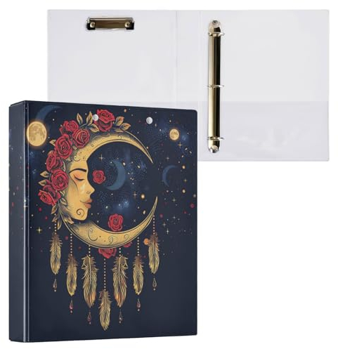 Ordner mit 3 Ringen, Smiley, Mond, Rosen, Federn, Boho-Aktenordner für 200 Blatt, Aktenaufbewahrung für Damen, Herren, Schule, Bürobedarf