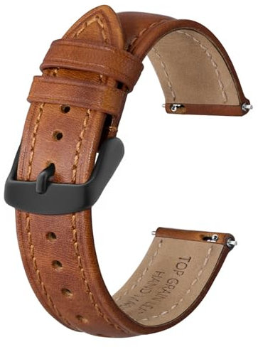 BISONSTRAP Retro Leder Uhrenarmband für Herren, Ersatzarmband aus Ölgewachstem Kalbsleder, Schnellverschluss, 22mm, Toffeebraun (Schwarze Schnalle)